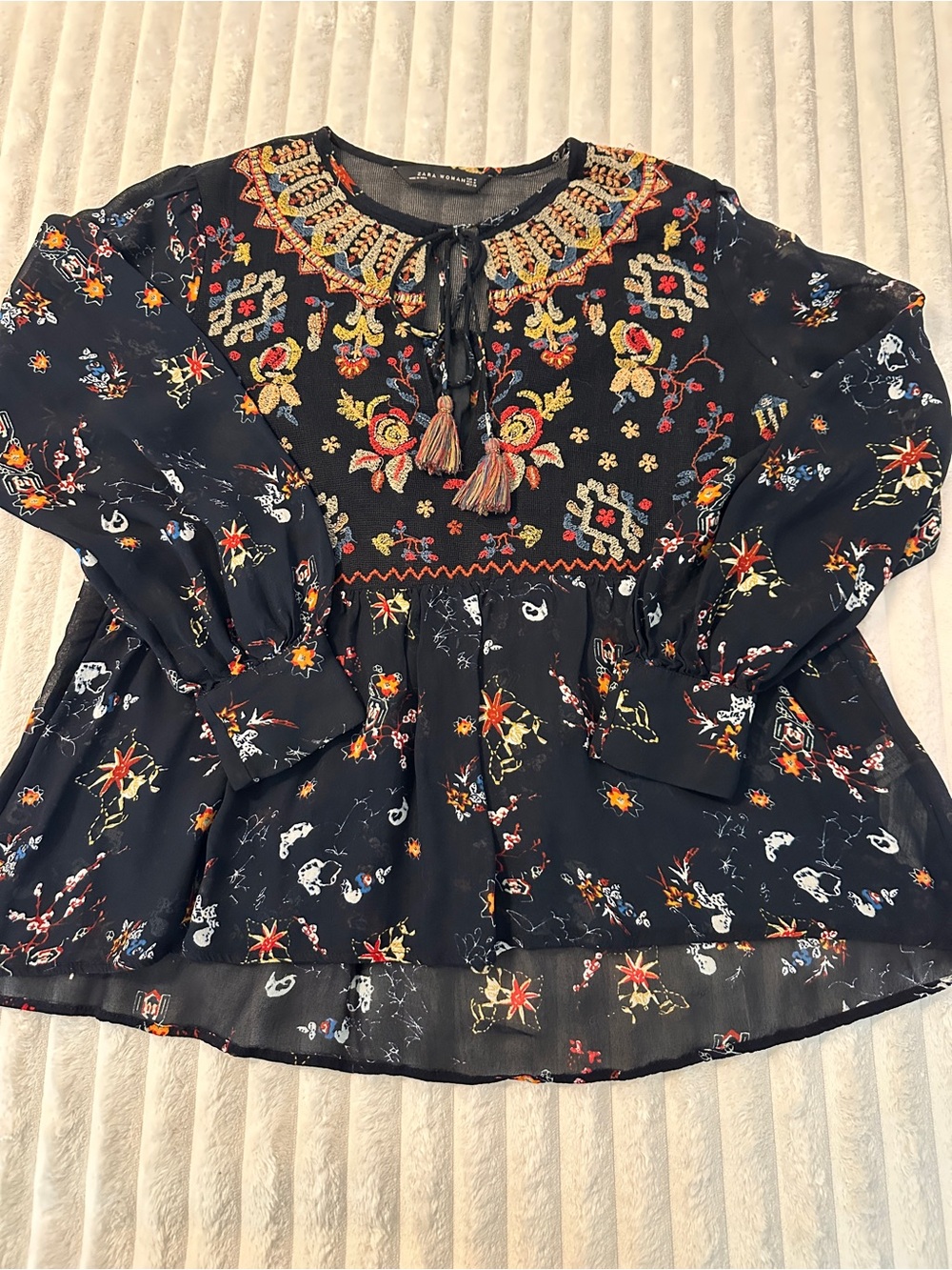 ZARA Black Boho Peasant Embroidered Floral Blouse with Tassel Tie - Picture 4 of 9